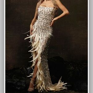 Brand NEW luxury feather silver gown